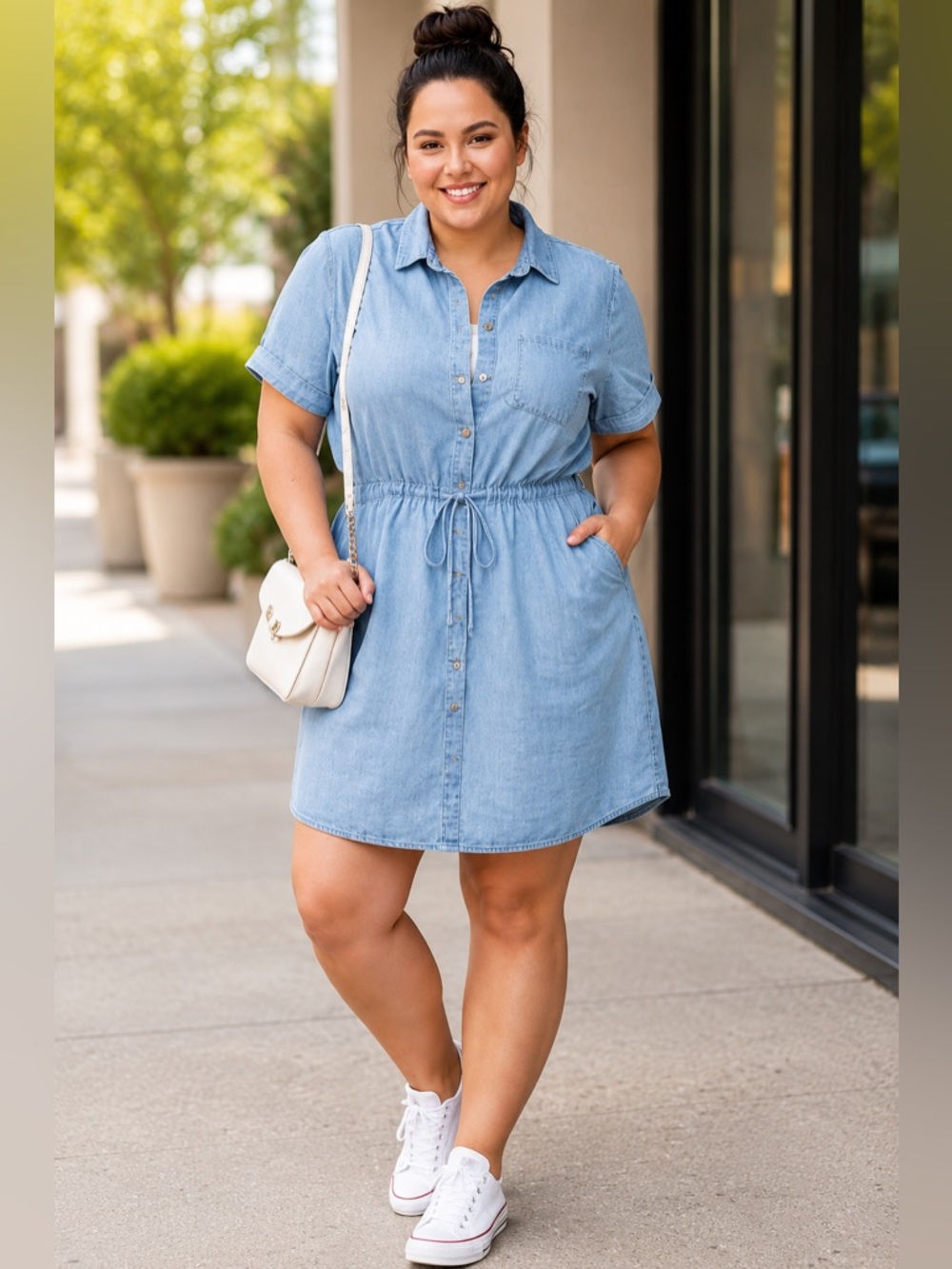 Chambray Shirt Dress Size L | Tie Waist Casual Button Down Day Dress